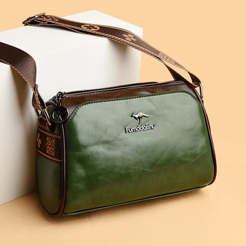Oil wax leather women's crossbody bag with double-sided design and sandwich pocket in beige
