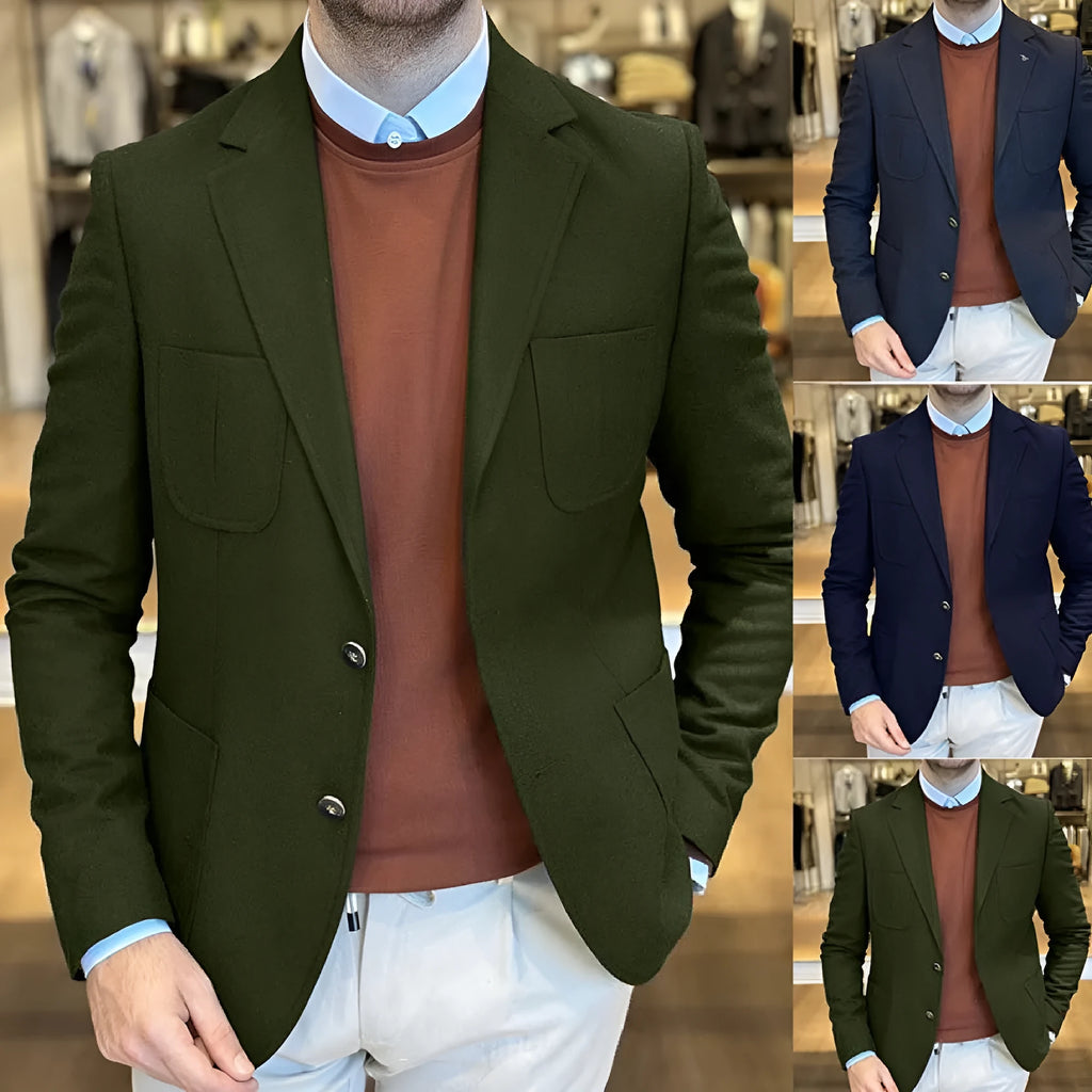 Men's loose fit cotton suit jacket in army green colour with retro styling details