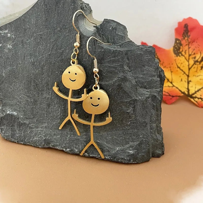 Silver stainless steel stick figure pendant necklace middle finger gesture smiley face on link chain