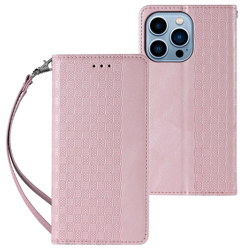 Embossed leather-look flip phone case for iPhone in black, shown open and closed.