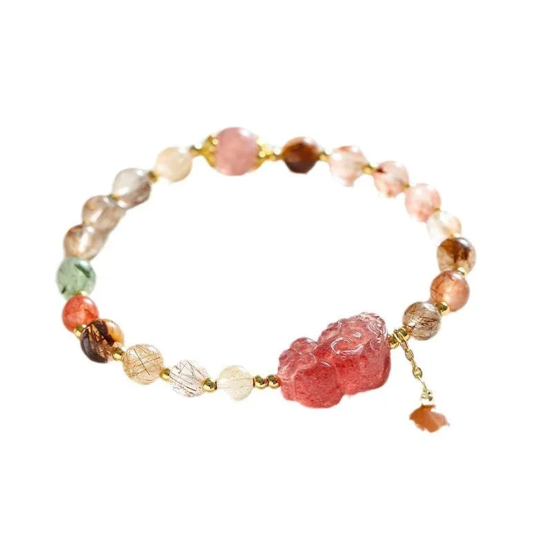Strawberry Quartz crystal bracelet with Pixiu charm and pearl accents in dopamine colours