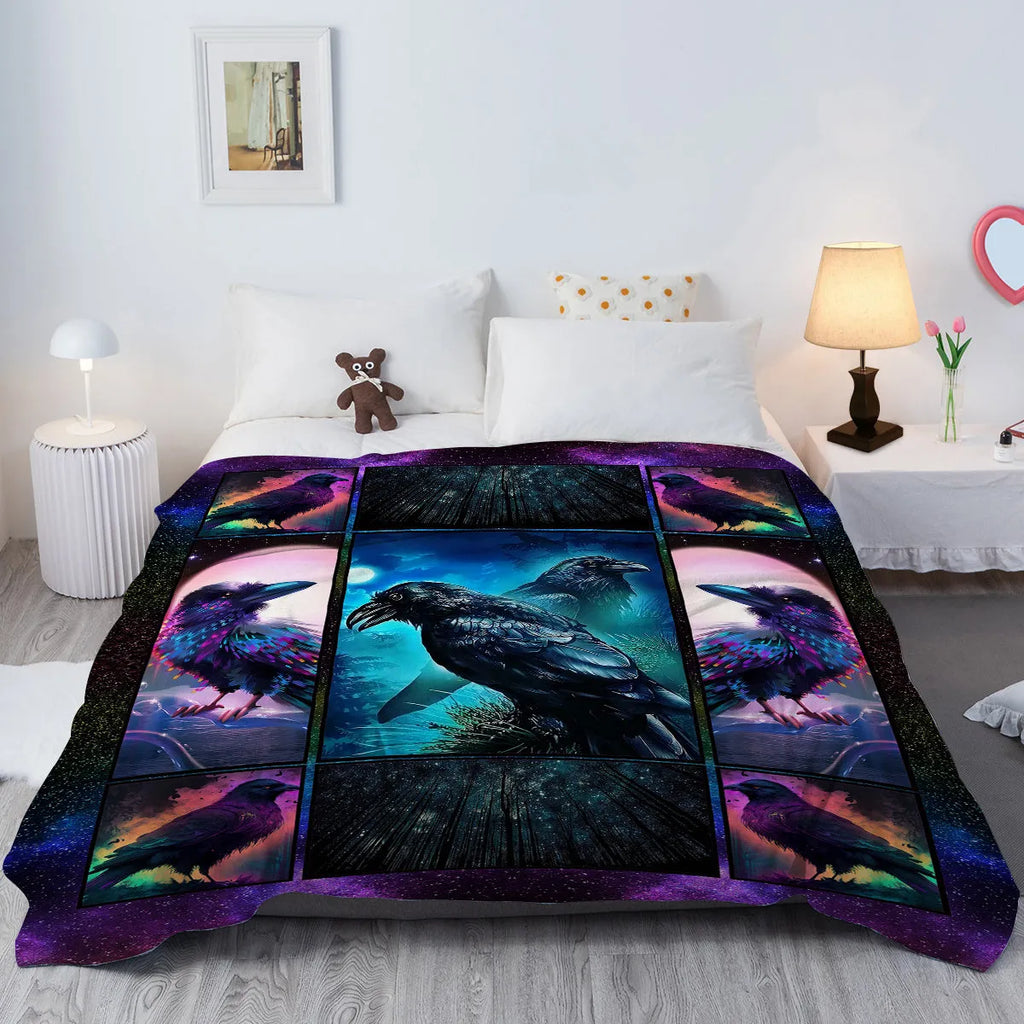 Multicoloured flannel velvet blanket with raven print, three size options, hemmed edges for durability