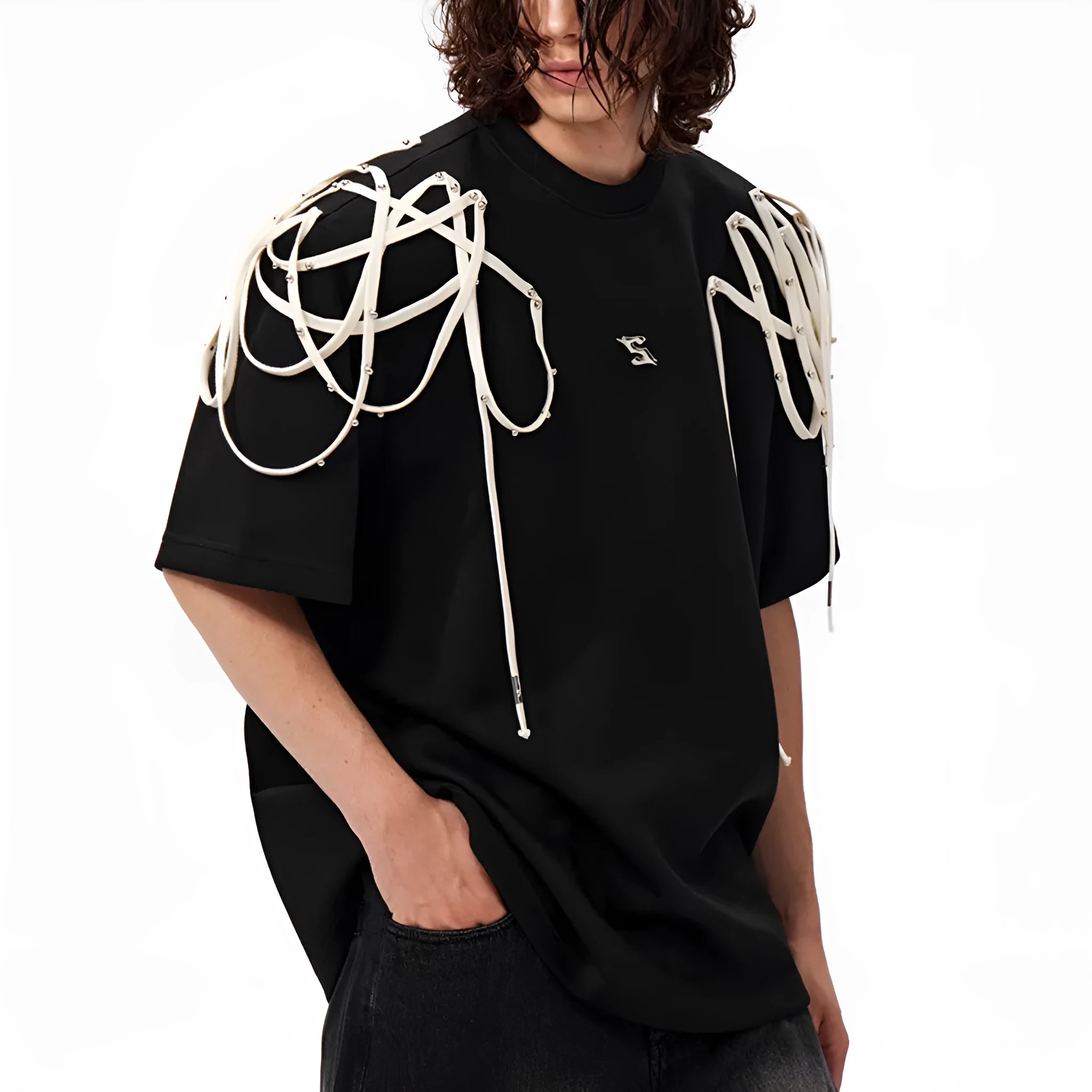 Black loose-fit short-sleeved T-shirt with ribbed padded shoulders on a hanger.