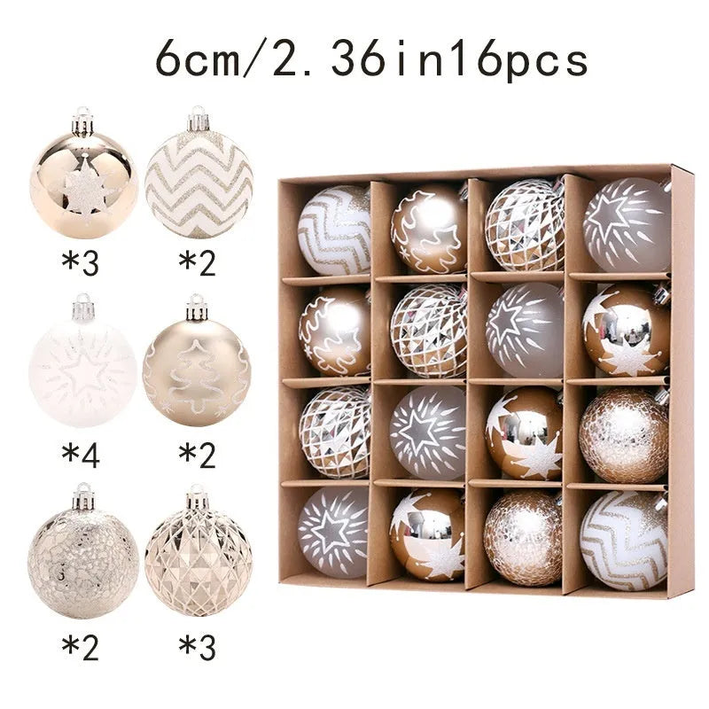 Plastic Christmas ball decoration set with electroplated painted pendants, 6cm full coloured drawing ball, and cowhide box.