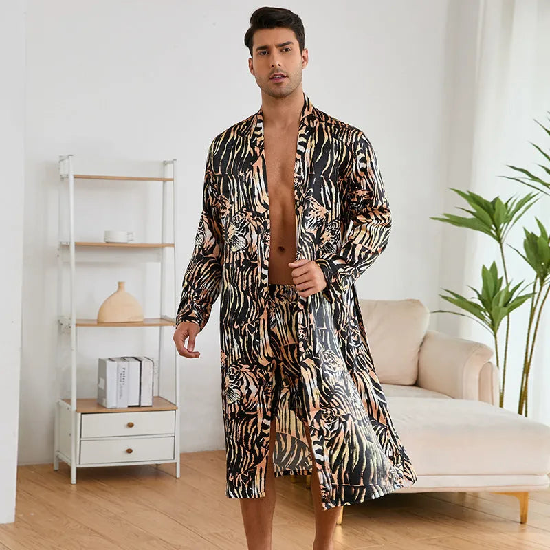 Men's tiger pattern bathrobe set with matching shorts in lightweight ice silk fabric