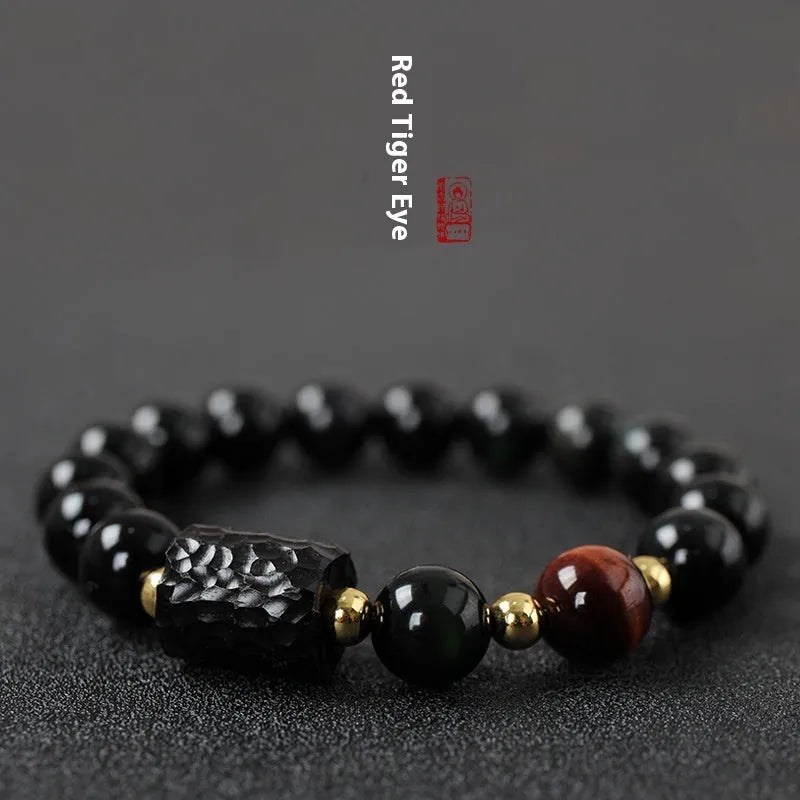 Obsidian bracelet with 10mm red tiger eye beads, unisex retro design featuring circle elements
