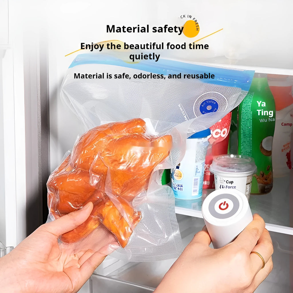 White plastic portable USB vacuum storage compression bag with freshness protection bags in small, medium, and large sizes