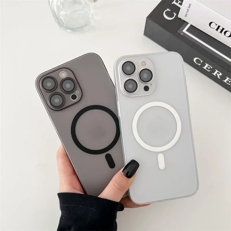 Ice Mist coloured ultra-thin magnetic frosted phone case for iPhone, shown on a phone.