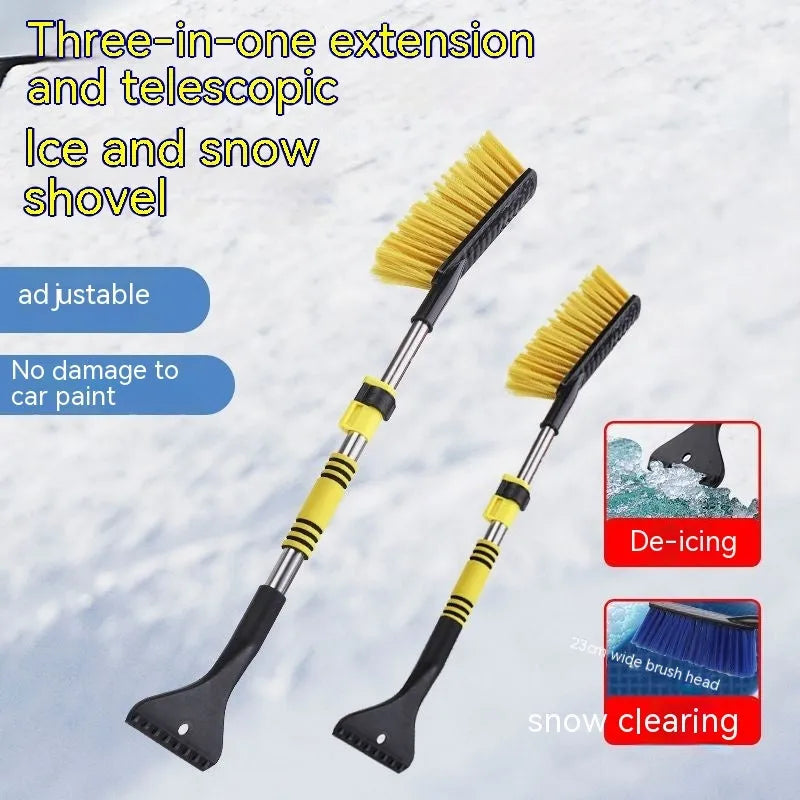 Blue and yellow long-handled car snow brush and ice scraper with plastic construction