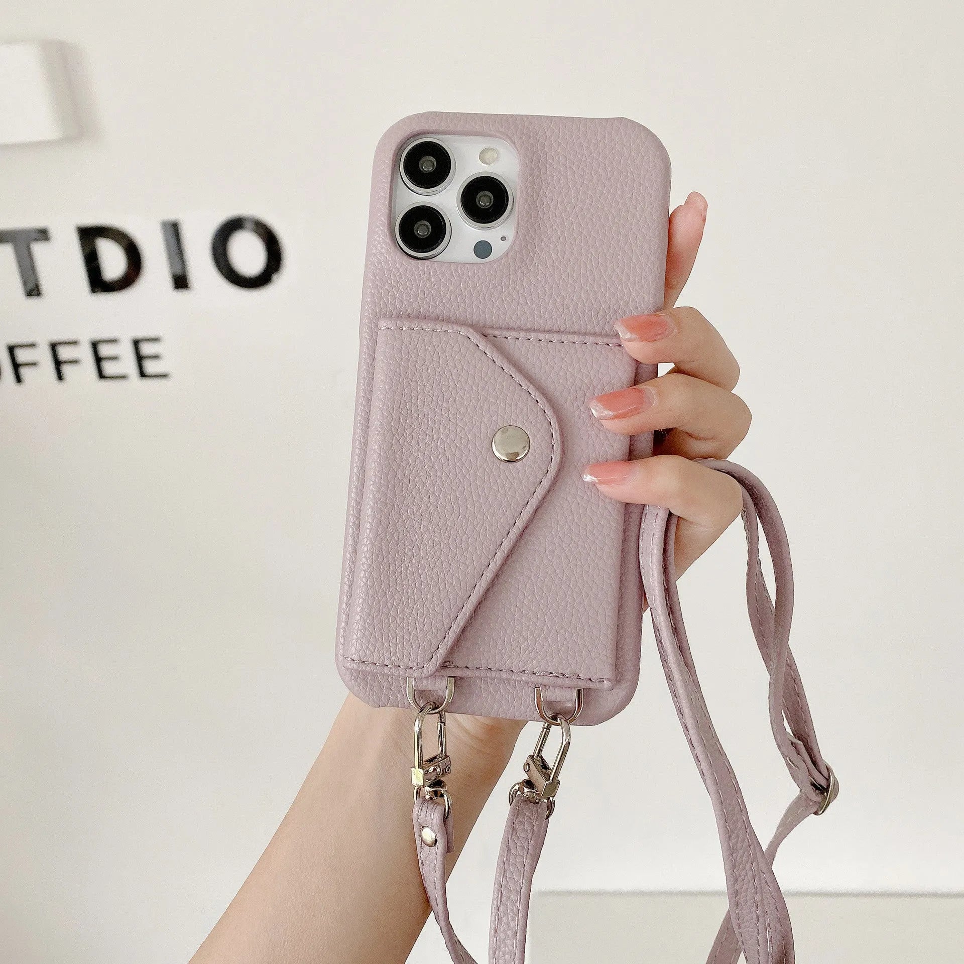 PC leather card holder crossbody phone case with lychee pattern triangle veil design for iPhone 13-15 series in black