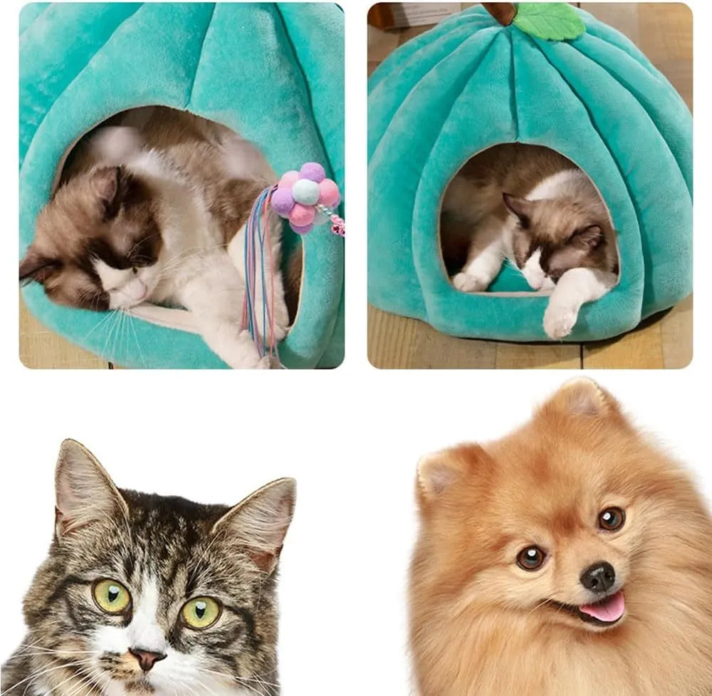 Pumpkin-shaped cat bed cave house with plush interior and anti-slip rubber base