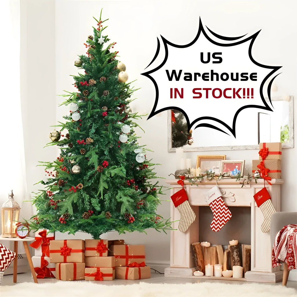 PVC artificial snow Christmas tree with green and white decoration on metal stand