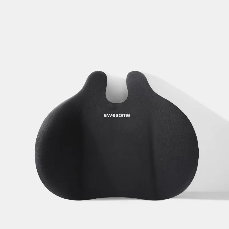 Black car headrest and lumbar support pillow set with cow head design pattern.