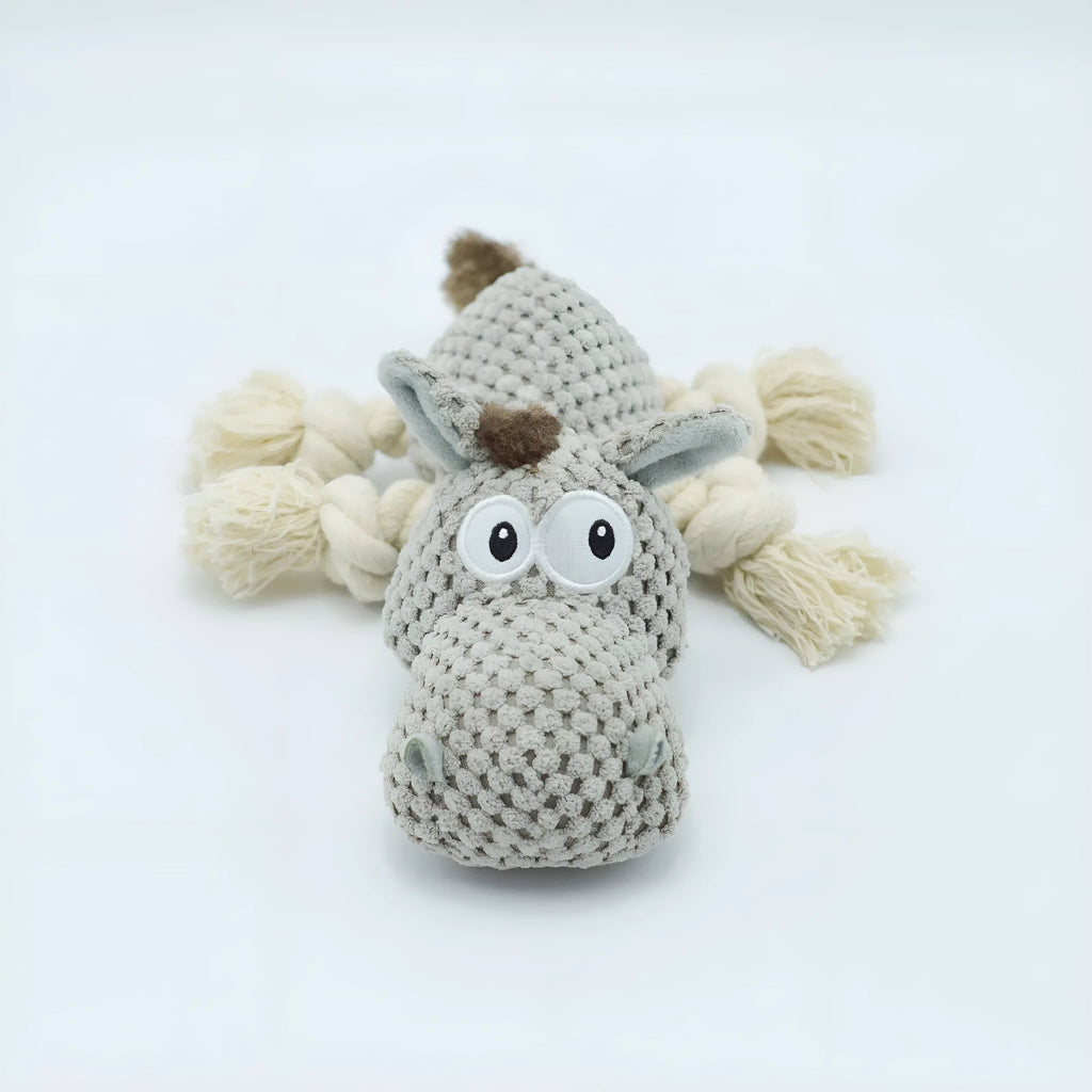 Grey donkey plush dog toy with creak sound measuring 27x20x9.5cm