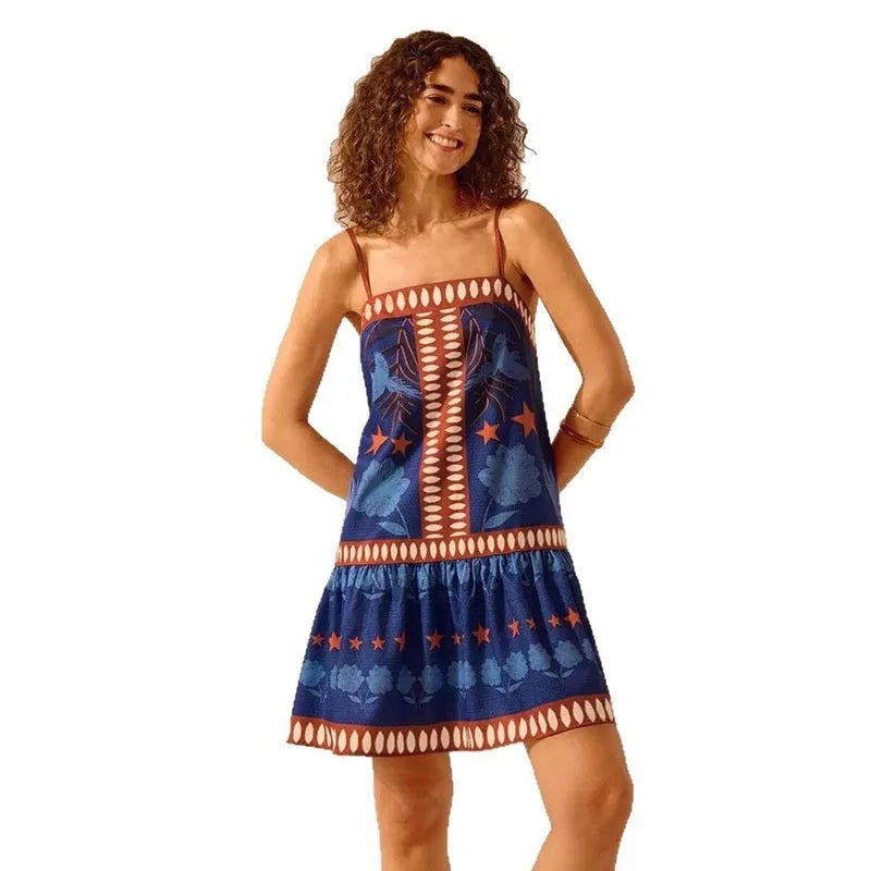 Women's blue one-shoulder printed A-line dress, strapless sleeveless mid-length style with ruffle detail