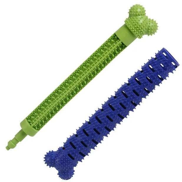 Blue green dog dental cleaning stick with silicone brush head and massage nodules measuring 25cm