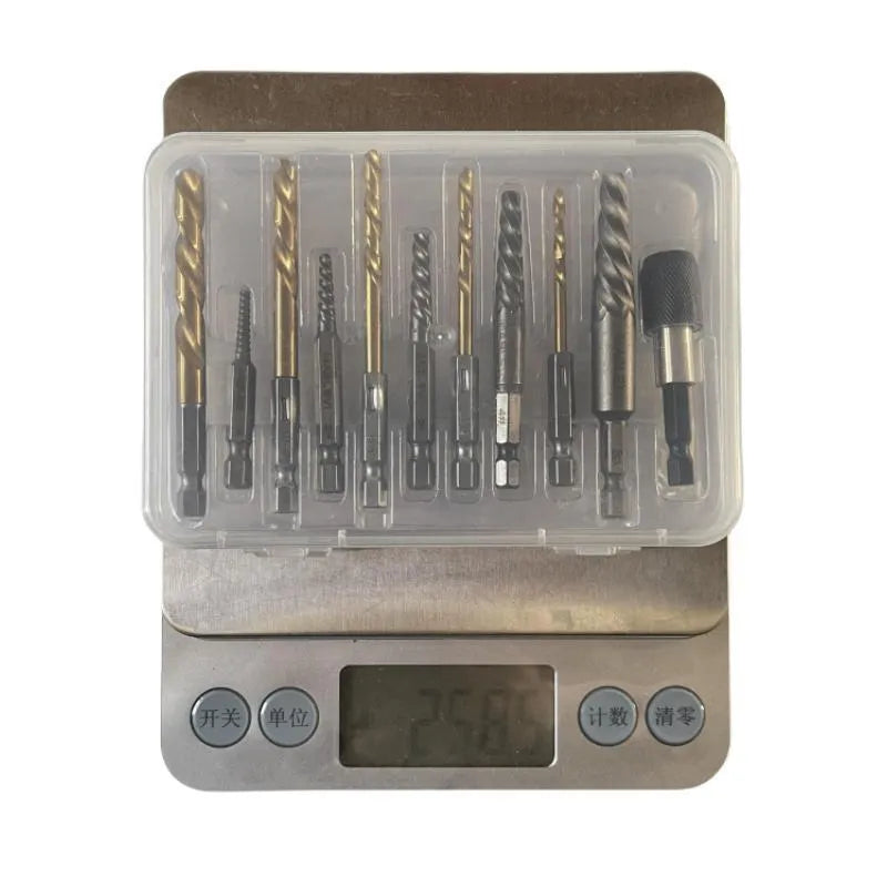 Silver household hexagonal handle screw extractor 12-piece set on a dark surface