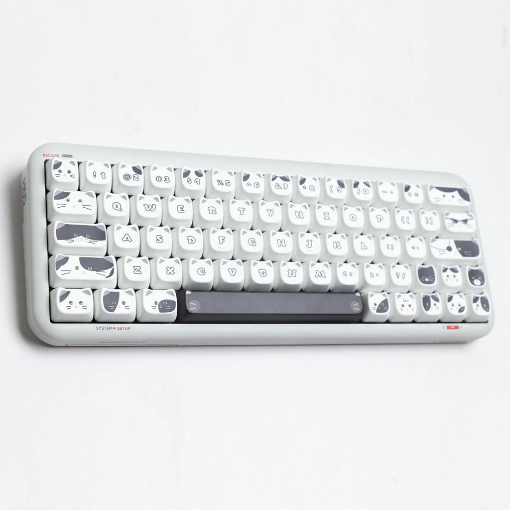 Black and white kitten sublimation PBT key cap set in boxed packaging, full layout excluding 7u and March space keys