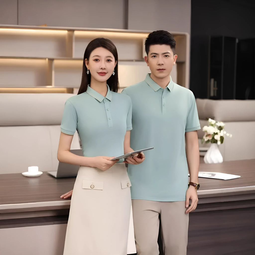 Men's summer polo shirt in polyester blend available in multiple colours including dark green and white