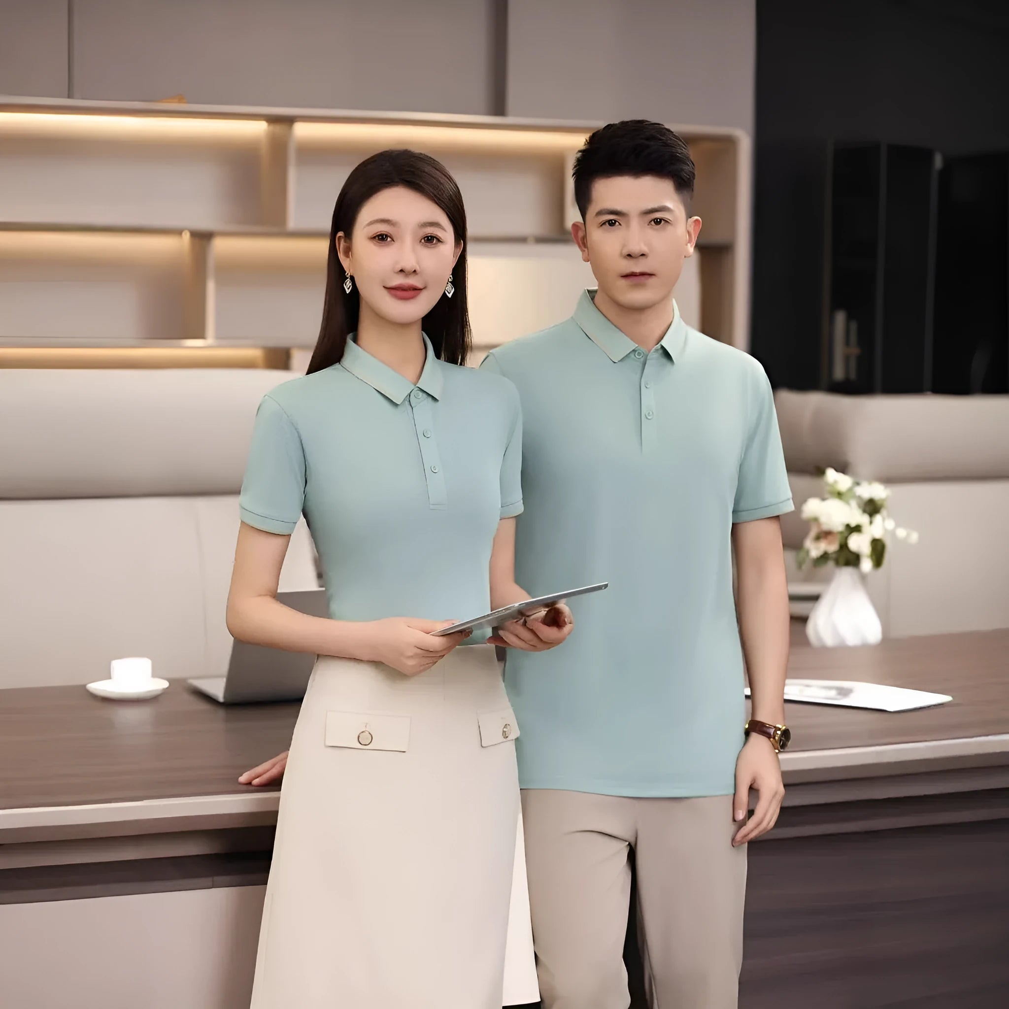 Men's summer polo shirt in polyester blend available in multiple colours including dark green and white