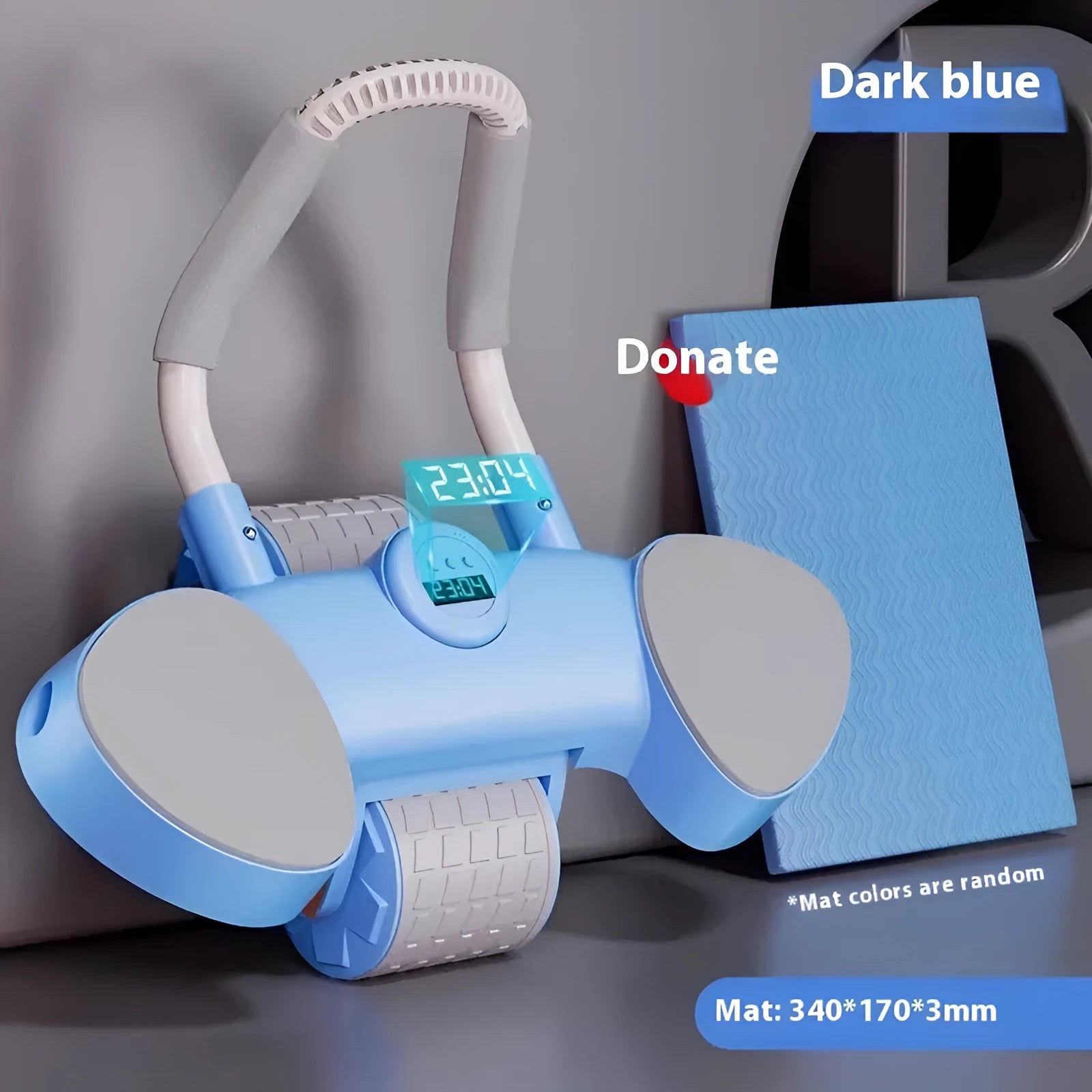 Blue automatic rebound abdominal wheel with large elbow supports on a wooden floor.