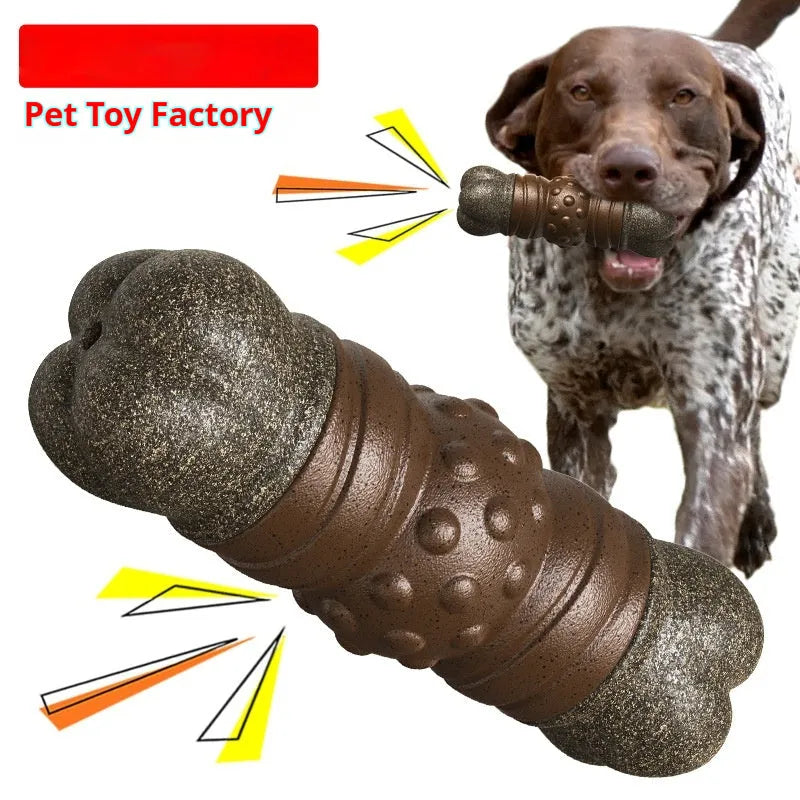 Wood coloured plastic dog bone toy with textured molar cleaning rods and a squeaker.