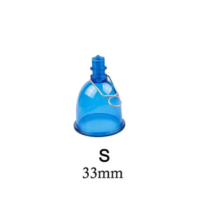 Blue silicone male masturbator cup showing physical stretch exerciser design in three sizes: small S, medium M, large L