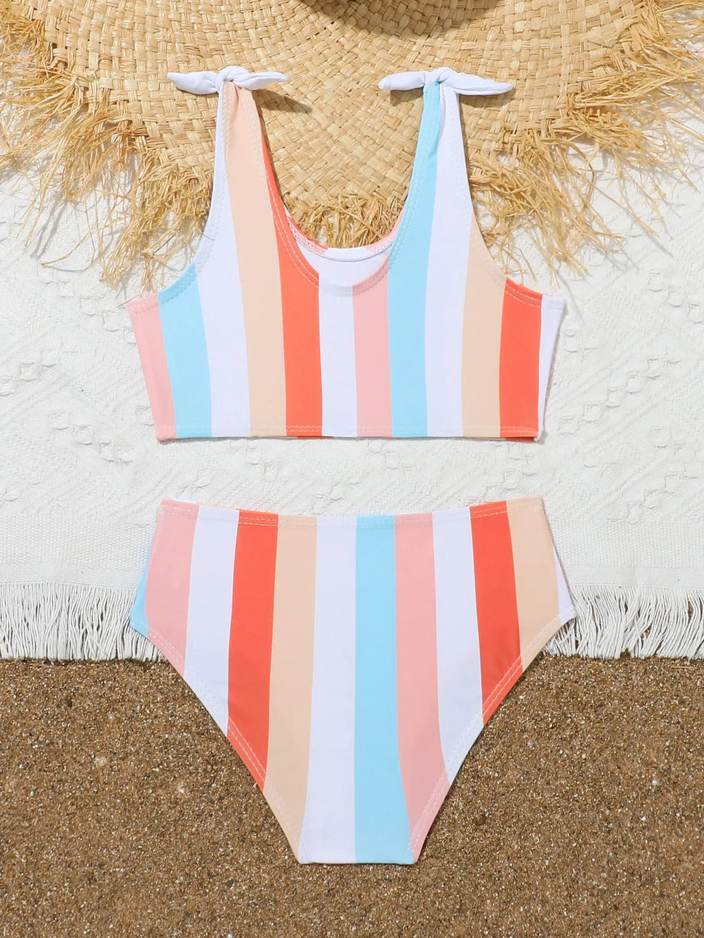 Girls' plaid print two-piece swimsuit set with bra top and briefs for swimming.