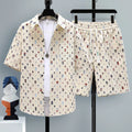Men's casual sports set with a grey short-sleeve top and matching shorts on a hanger.