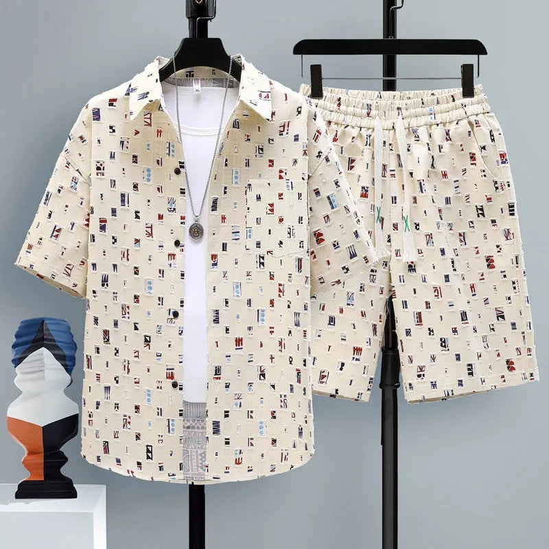 Men's casual sports set with a grey short-sleeve top and matching shorts on a hanger.