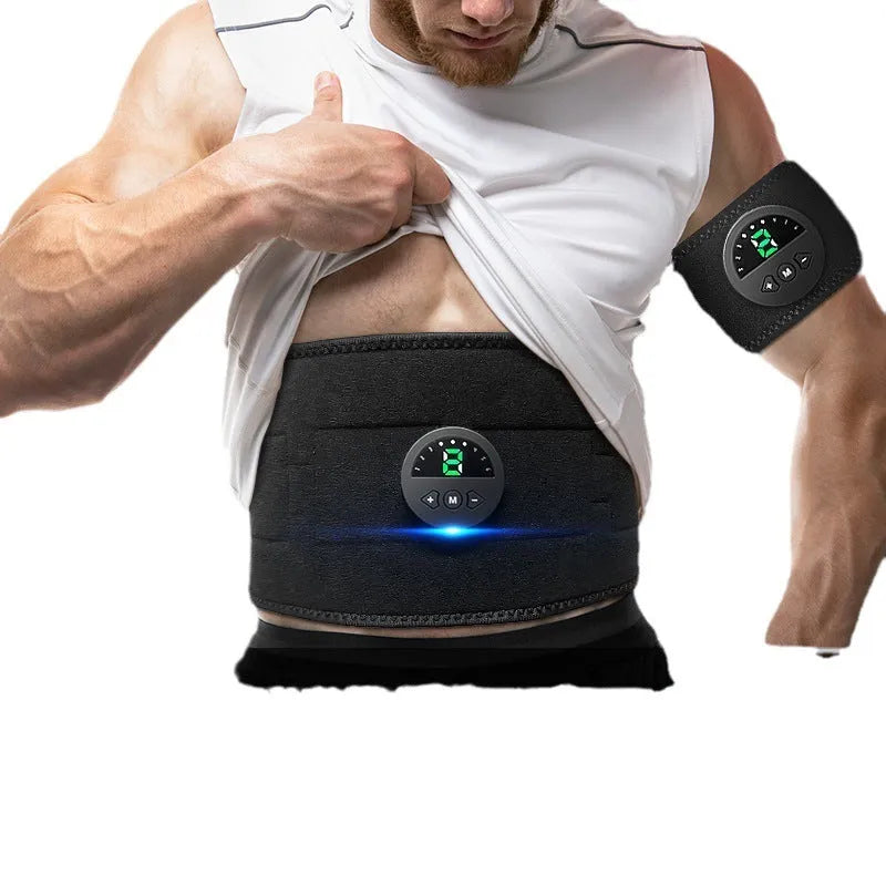 Black fitness belt with digital display screen for waist and abdomen workouts.