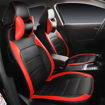 Cow leather car seat cover in beige and black with red accent colour options on a car seat.