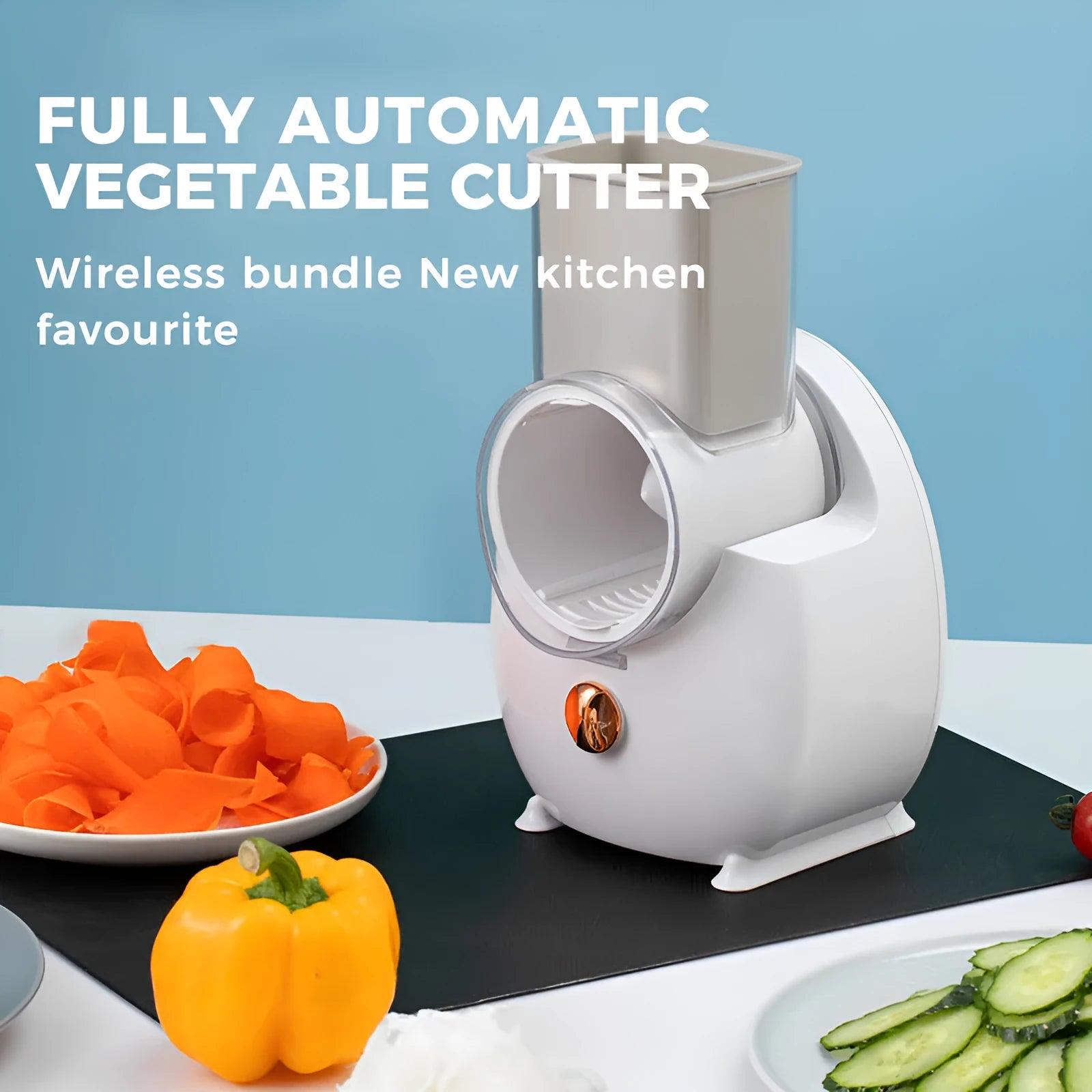 White electric vegetable slicer with suction base and multiple blades for grating and chopping.