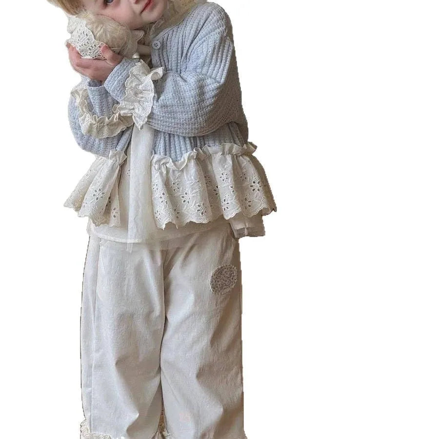 Girls' Mori style three-piece outfit with cotton cardigan, beige shirt and cake pants, sizes 90-140