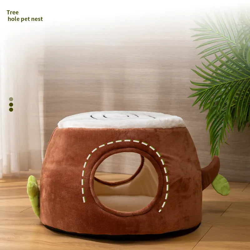 Four season transformable double-layer tree stump cat nest with cat door, in size M, plush material, for indoor cats