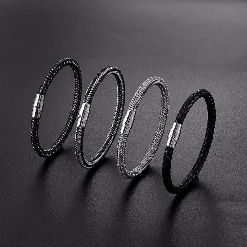 Men's titanium steel geometric wire bracelet with a magnetic clasp shown in multiple colours.