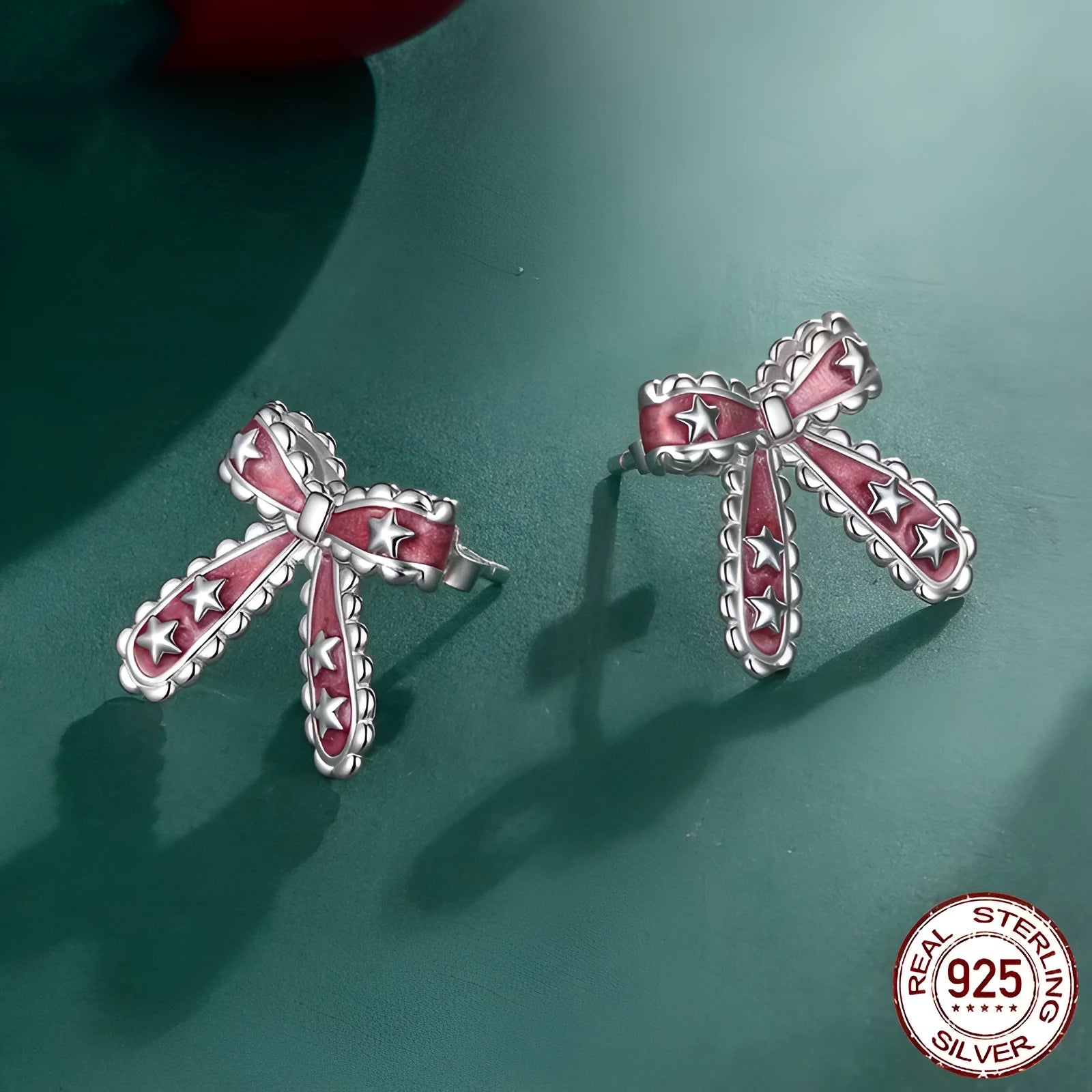 Christmas bowknot 925 sterling silver stud earrings with dripping oil finish in colour BSE1256