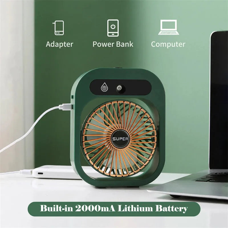 Green and white portable USB misting fan with water tank and adjustable vents