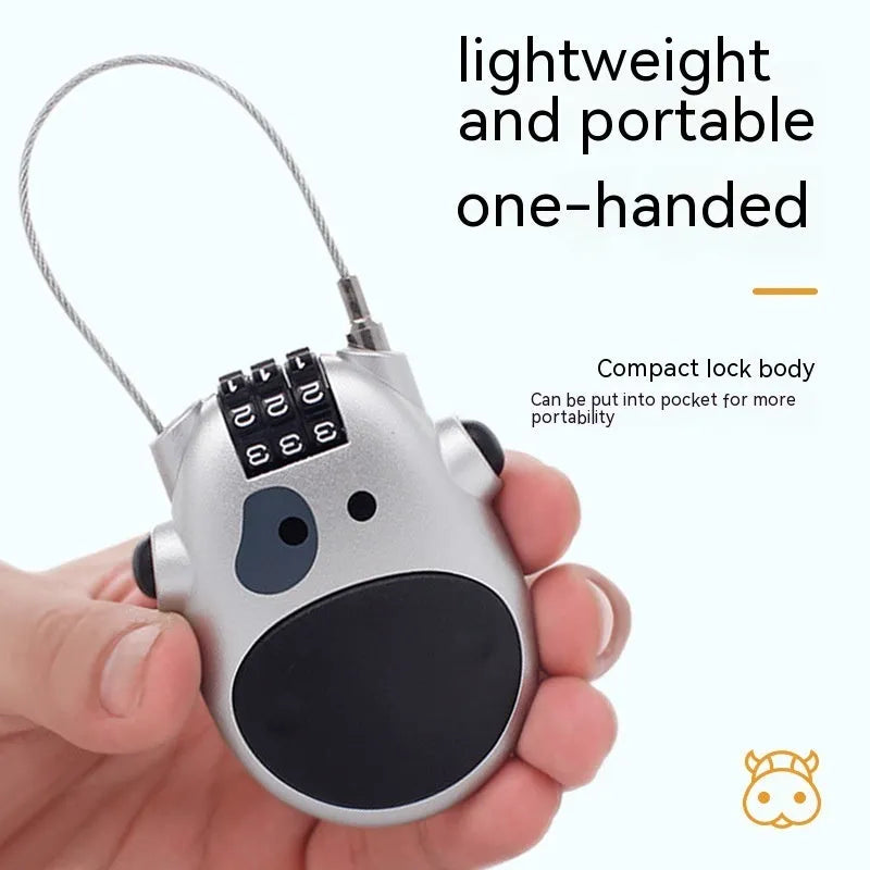 Cow-shaped retractable helmet lock with steel cable in silver and black colour variations