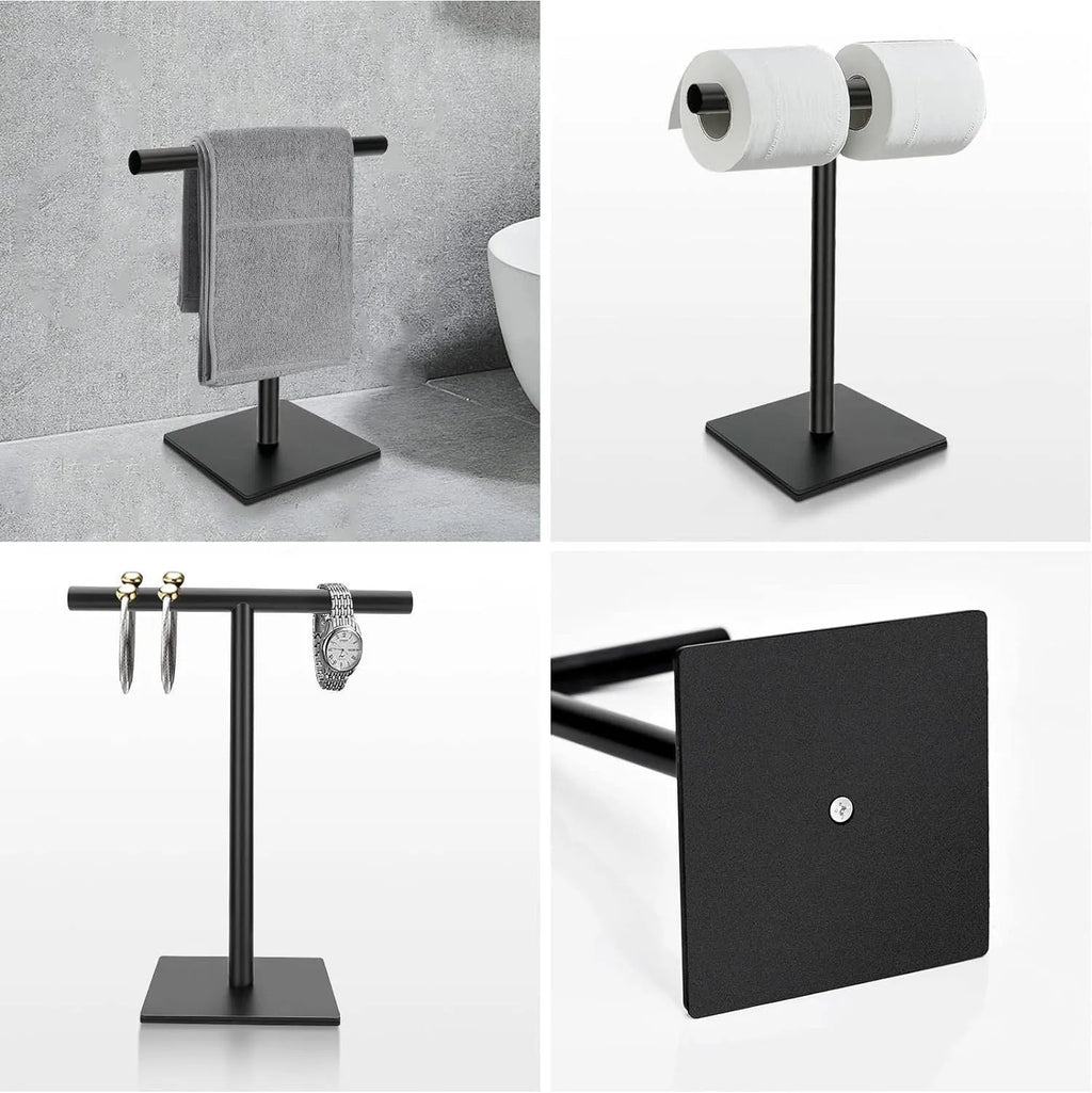 Single layer stainless steel vertical towel bar with square bottom, shown in black or silver for bathroom and toilet use