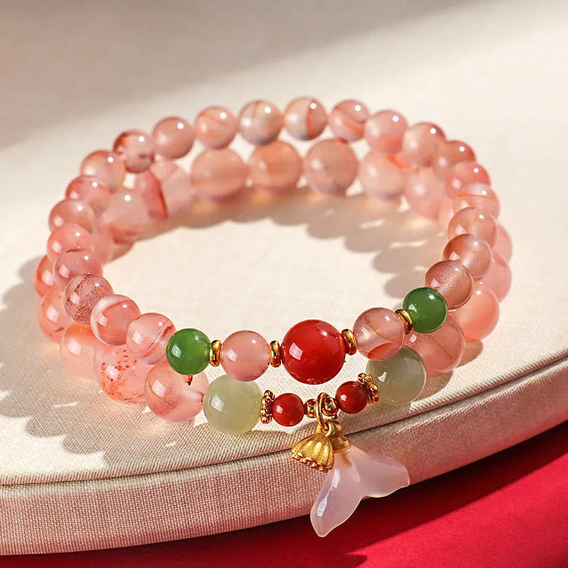 Handcrafted ice floating south red white agate fishtail bracelet for women with bead detail