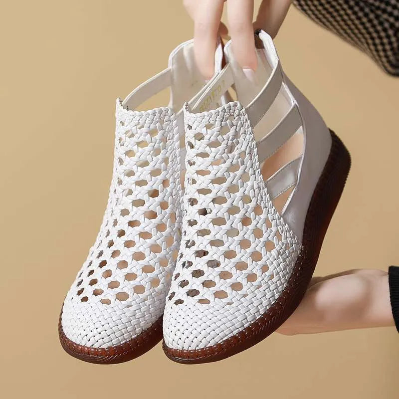 Gold and white women's flat sandals with openwork PU leather uppers and soft soles