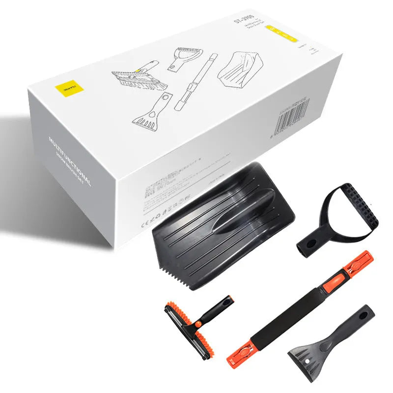 Car snow plough shovel set with ice and snow brush, telescopic rod, handle, frost scraper, icing spatula and plastic shovel