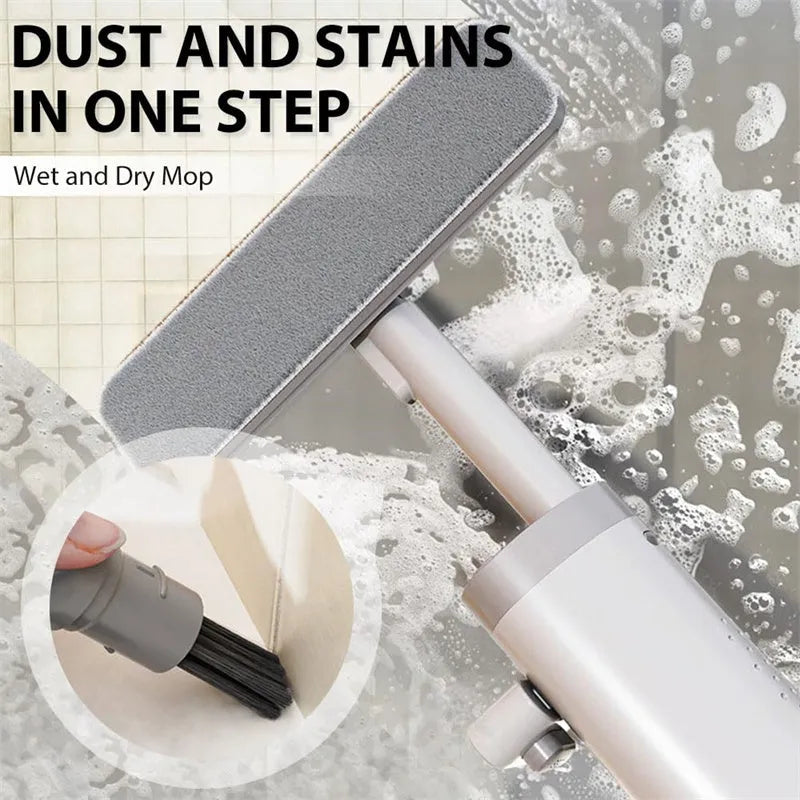 Rotatable self-squeeze flat mop with crevice brush and microfiber pads for floor cleaning