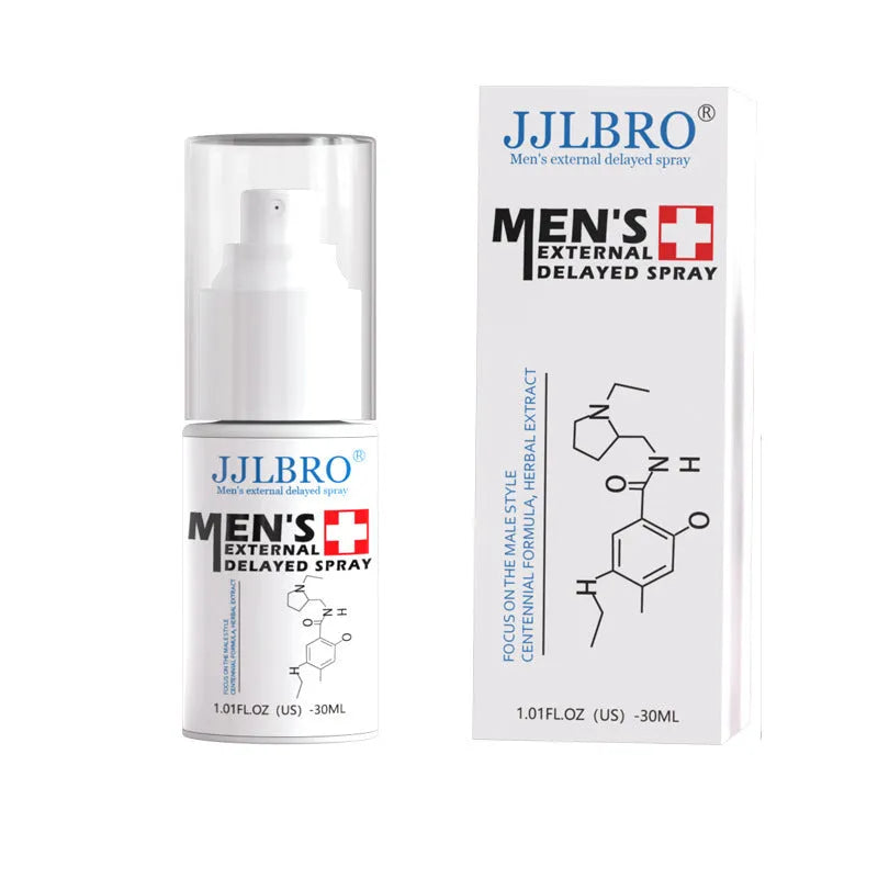 White JJLBRO 30ml delayed sex spray bottle with plant extraction for male lasting control.