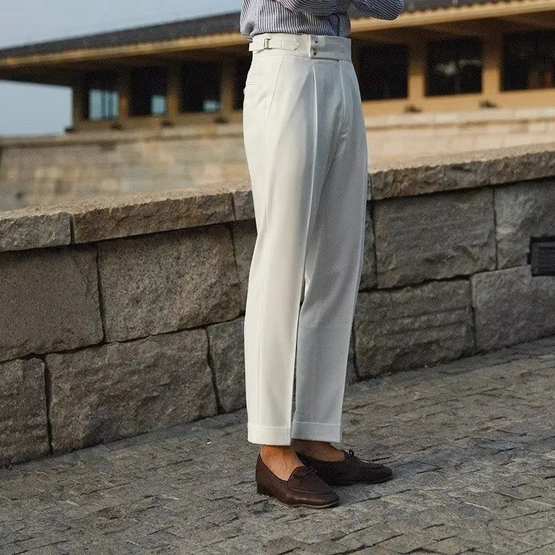 Slim fit straight-leg suit trousers in black, white, or apricot for business formal wear.
