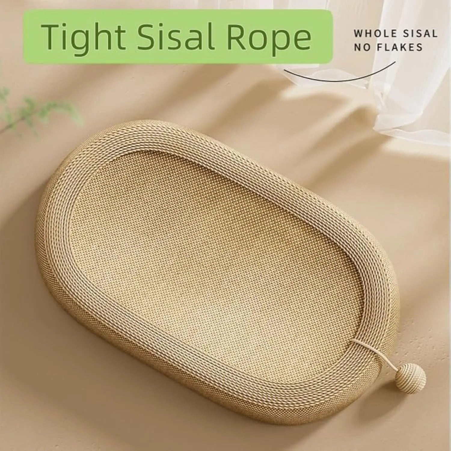 Large rectangular sisal cat scratching board with a flat lounge bed on top, shown in an adorable design.