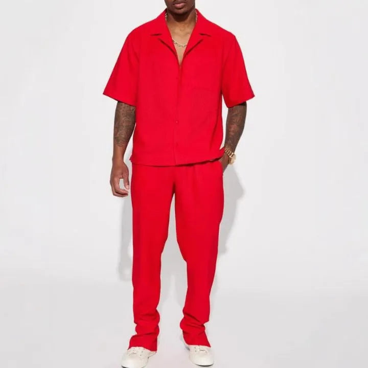 Men's loose lapel short-sleeved suit with trousers in black, brown, red, white polyester fabric