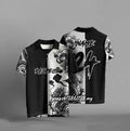 Black loose fit T-shirt with 3D digital printing design on polyester fabric, short sleeves