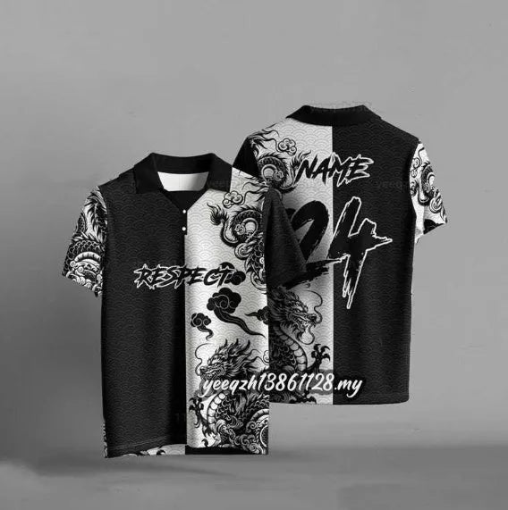 Black loose fit T-shirt with 3D digital printing design on polyester fabric, short sleeves
